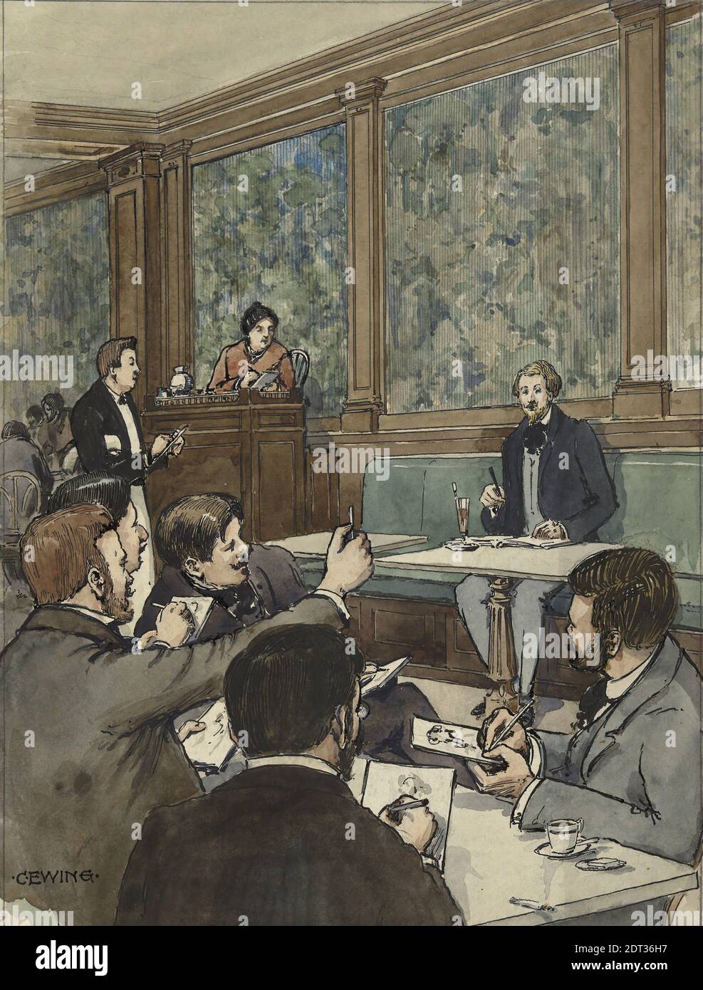 Artist: Charles Kermit Ewing, American, 1910–1976, At the Cafe at Cherbourg, Pen and black ink and transparent and opaque watercolor, 38.1 × 29.8 cm (15 × 11 3/4 in.), Made in United States, American, 20th century, Works on Paper - Drawings and Watercolors Stock Photo