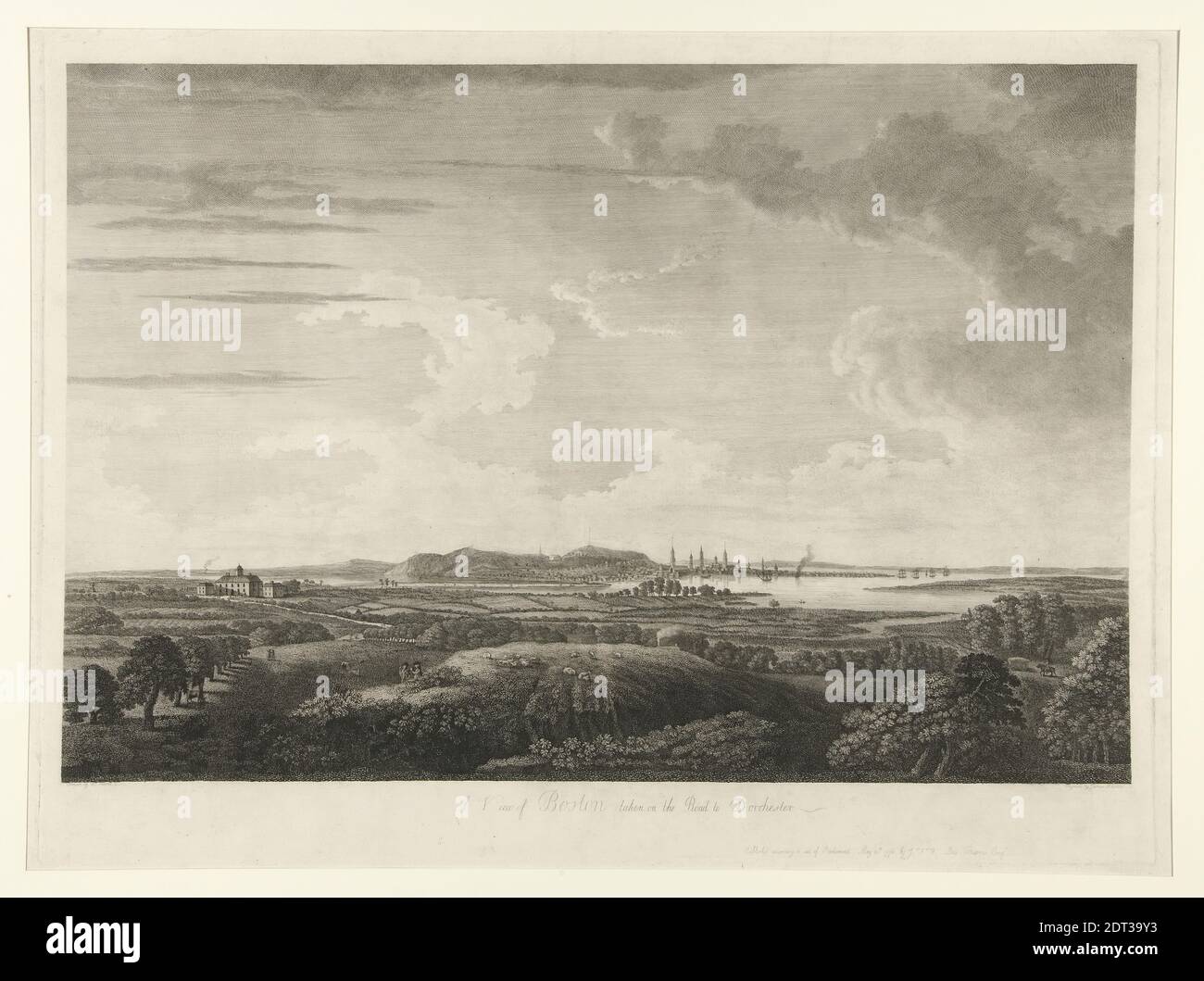 Artist: James Newton, American, After: William Pierrie, American, A View of Boston taken on the road to Dorchester, Line engraving, black and white, sheet: 58.5 × 83.5 cm (23 1/16 × 32 7/8 in.), Made in United States, American, 18th century, Works on Paper - Prints Stock Photo