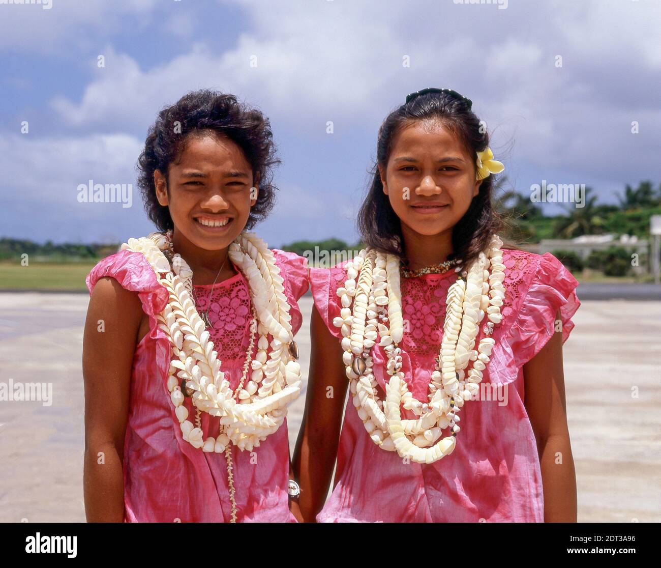 Young girls wearing leis, Rarotonga, Cook Islands Stock Photo