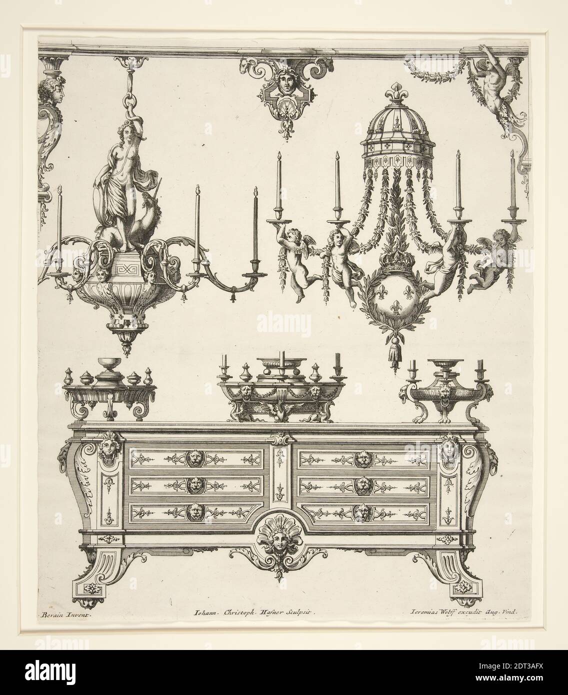 Artist: Johann Christoph Hafner, German, 1668–1754, After: Jean Bérain, French, 1640–1711, Sheet from Commodes et Lustres, Etching, sheet: 32.2 × 27.1 cm (12 11/16 × 10 11/16 in.), Made in Germany, German, 17th century, Works on Paper - Prints Stock Photo