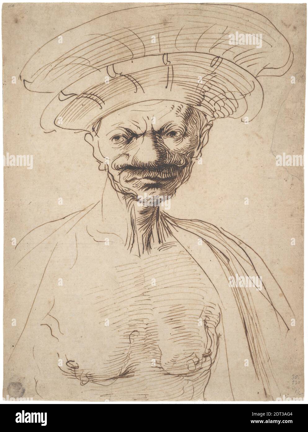 Artist: Guercino (Giovanni Francesco Barbieri), Italian, 1591–1666, Caricature of a Man Wearing a Large Hat, ca. 1630–40, Pen and brown ink, sheet: 30.4 × 23 cm (11 15/16 × 9 1/16 in.), Italian, 17th century, Works on Paper - Drawings and Watercolors Stock Photo