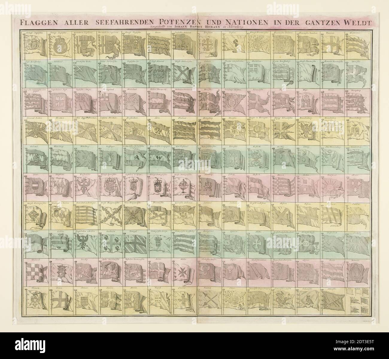 Artist: Johann-Baptista Homann, German, 1664–1724, Flaggen aller seefahrenden Potenzen und Nationen in der gantzen Weldt, Etching with hand coloring; two sheets joined at center, vertically, platemark: 48.9 × 57.8 cm (19 1/4 × 22 3/4 in.), Made in Germany, German, 17th century, Works on Paper - Prints Stock Photo