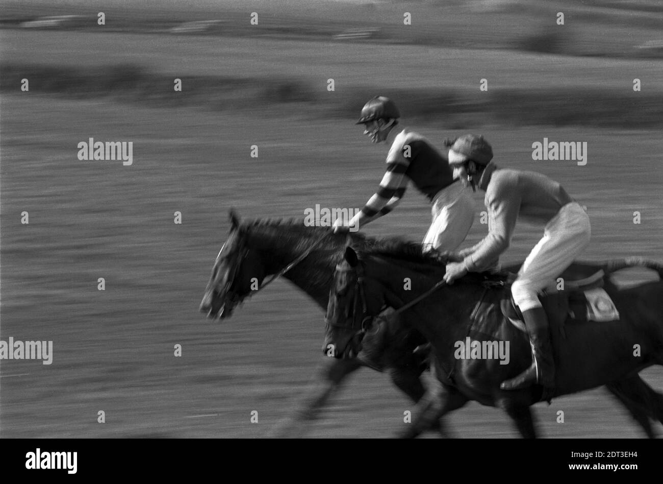 UK, England, Devonshire, Buckfastleigh, 1972. Point-to-Point races were held at  Dean Court on the Dean Marshes, close to the A38 between Plymouth and Exeter. Two competing riders given an impression of speed in the photograph. Stock Photo