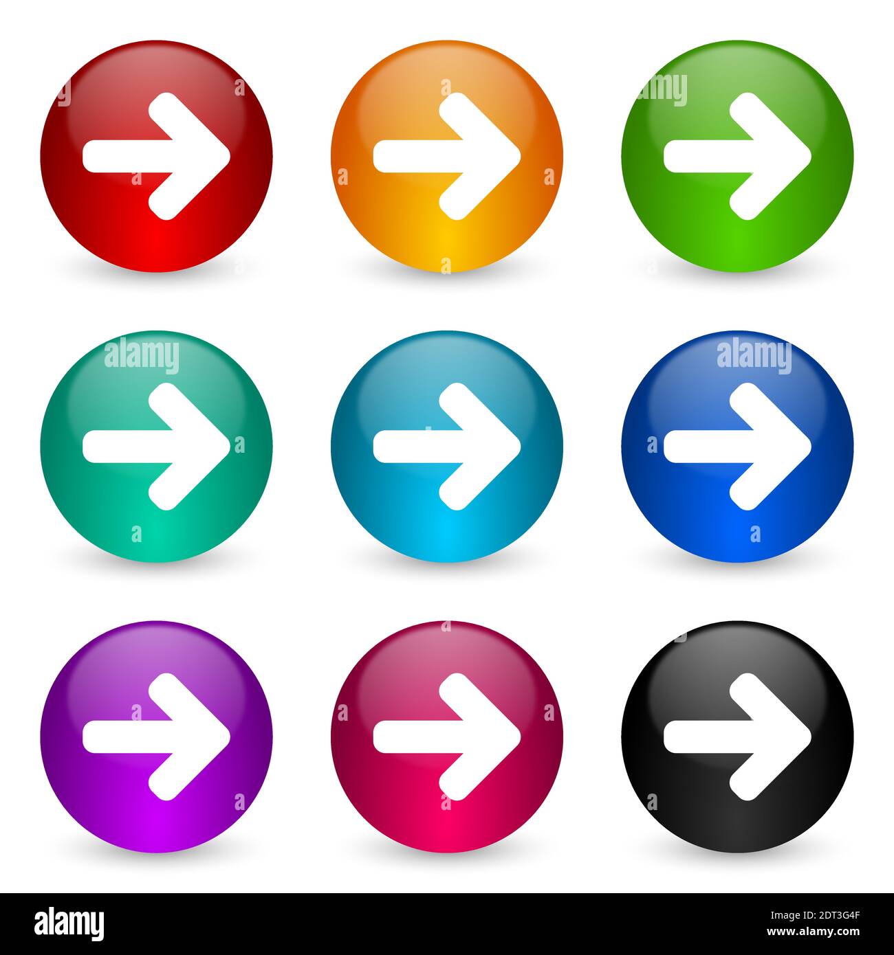 Arrow right vector icon set, round glossy web buttons in 9 color ...