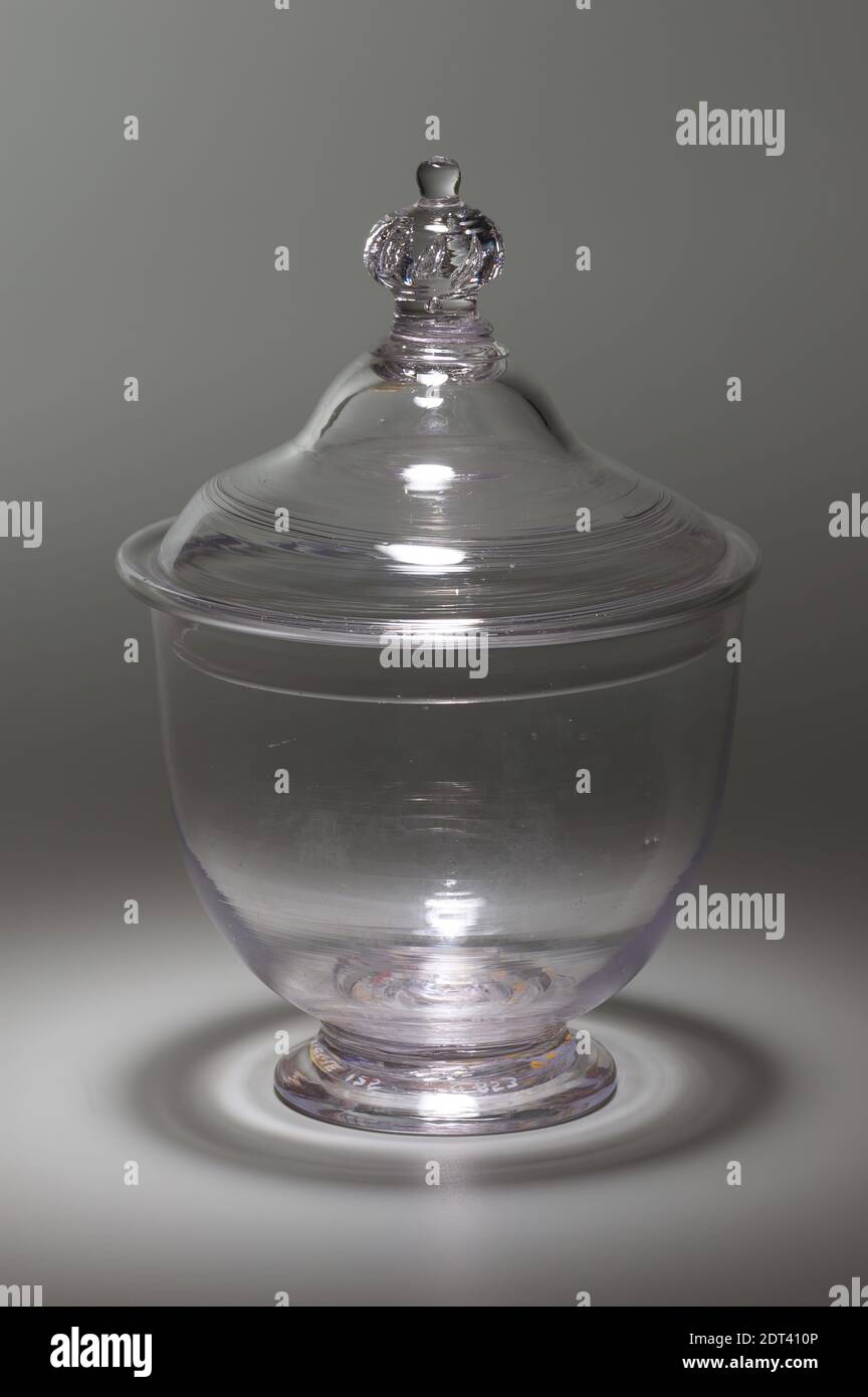 Covered Sugar Bowl, Blown colorless lead glass, 7 5/16 in. (18.6 cm), Probably made in United States, American, 19th century, Containers - Glass Stock Photo