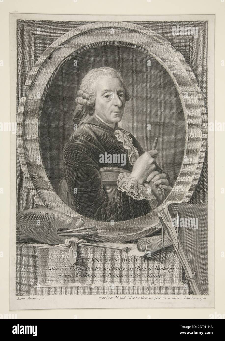Artist: Manuel Salvador Carmona, Spanish, 1734–1820, Portrait of François Boucher, Engraving, 37.9 × 26 cm (14 15/16 × 10 1/4 in.), Made in Spain, Spanish, 18th–19th century, Works on Paper - Prints Stock Photo