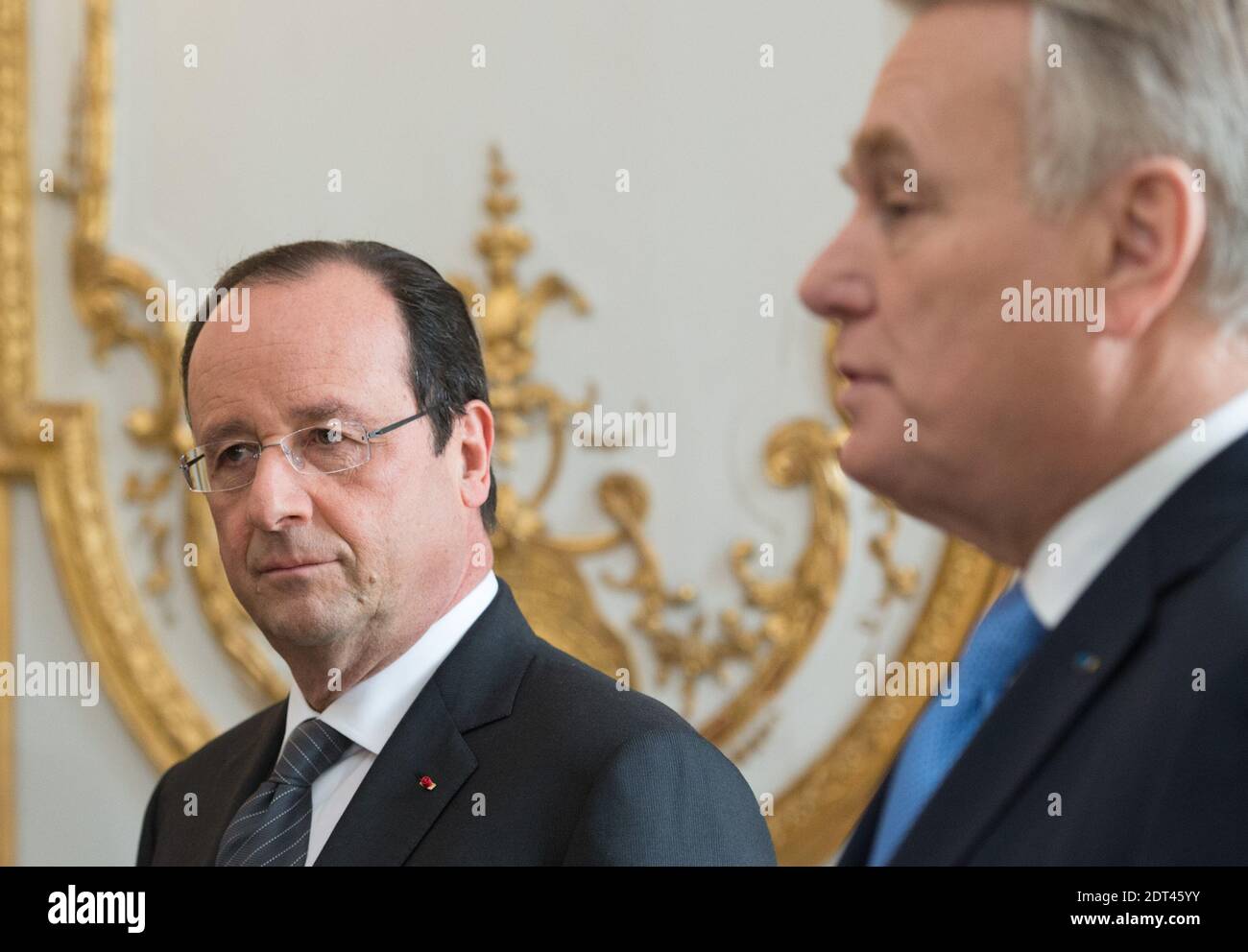 French Prime Minister Jean-Marc Ayrault delivers a speech during a new year  ceremony attended by French President Francois Hollande and members of the  government at the Elysee Palace in Paris, France on