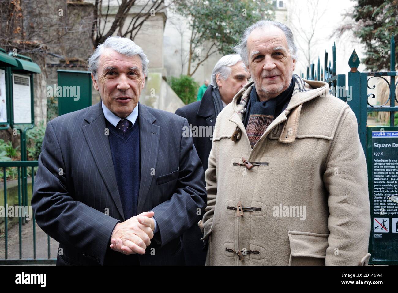Gilbert Mitterrand and Jean-Christophe Mitterrand attending a tree planting  ceremony to pay tribute to Danielle Mitterrand, the late wife of France's  president Francois Mitterrand, at Square Danielle Mitterrand public garden  in Paris,