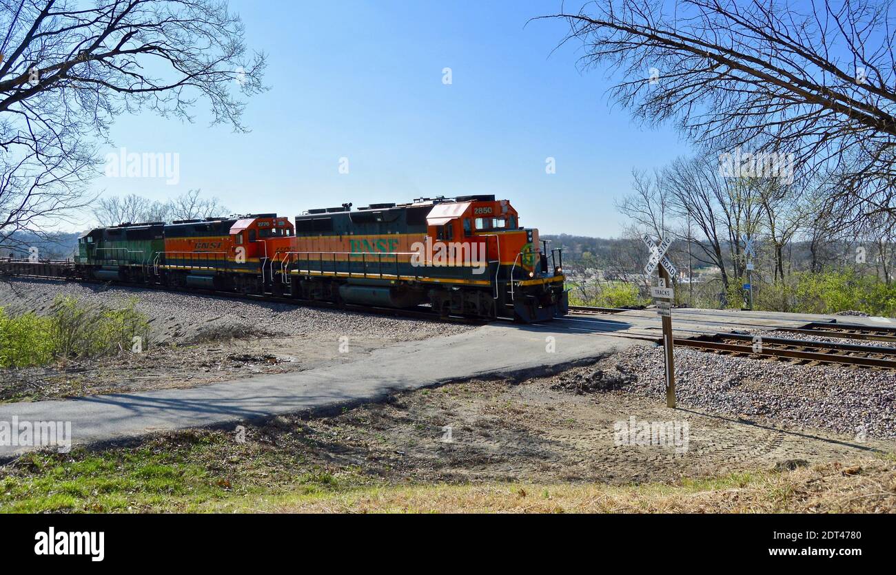 BNSF freight train passing through Keyes Summit, Missouri Stock Photo