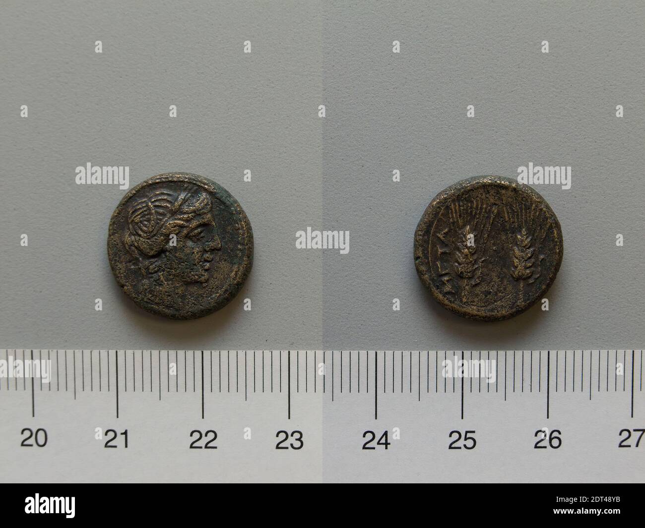 Mint: Metapontum, Fraction from Metapontum, 250–200 B.C., Bronze, 5.31 g, 11:00, 17 mm, Made in Metapontum, Lucania, Greek, 3rd century B.C., Numismatics Stock Photo