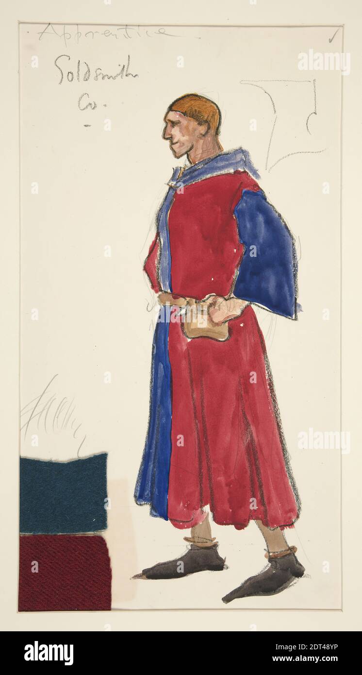 Artist: Edwin Austin Abbey, American, 1852–1911, M.A., 1897, Apprentice Goldsmith, costume sketch for Henry Irving’s Planned Production of King Richard II, Watercolor, charcoal, with fabric, White wove, 36 × 20.2 cm (14 3/16 × 7 15/16 in.), Made in United States, American, 19th century, Works on Paper - Drawings and Watercolors Stock Photo