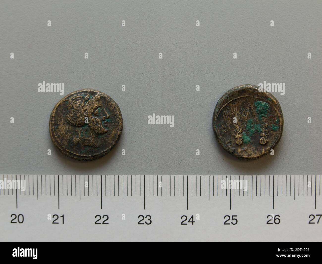 Mint: Metapontum, Fraction from Metapontum, 250–200 B.C., Bronze, 4.48 g, 9:00, 17 mm, Made in Metapontum, Lucania, Greek, 3rd century B.C., Numismatics Stock Photo