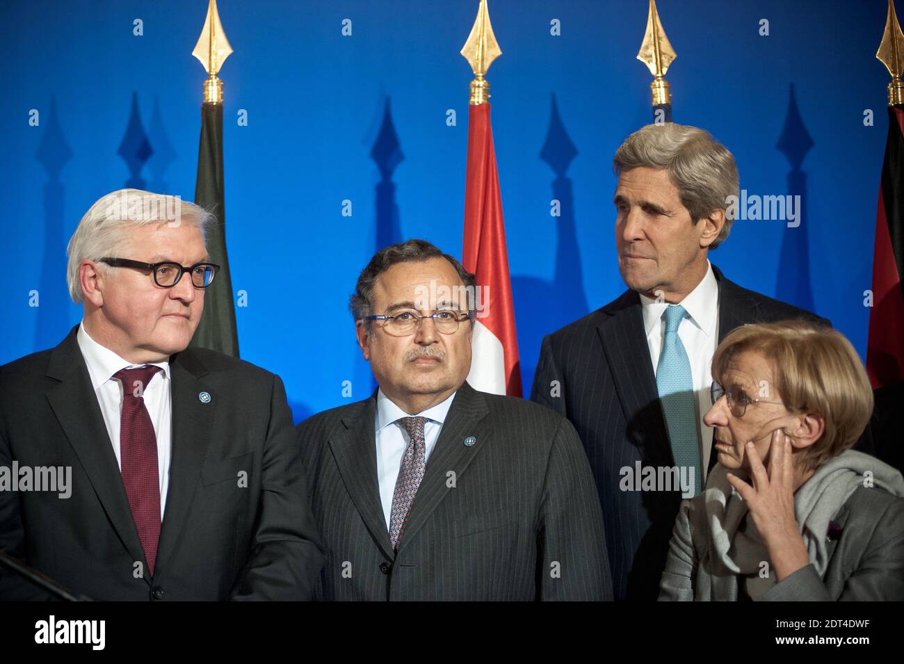 (L to R) Frank-Walter Steinmeier (Germany), Nabil Fahmy (Egypt), John Kerry (USA), Emma Bonino (Italy) pictured during a family photo at a press conference in Paris. The eleven countries of the Group of Friends of Syria met in Paris to convince the opposition to participate in Geneva-2. Laurent Fabius chaired the ministerial meeting, attended by the President of the Syrian Coalition, Ahmed Al-Jarba. Ministry of Foreign Affairs, in Paris, France, on January 12, 2014. Photo by Nicolas Messyasz/ABACAPRESS.COM Stock Photo