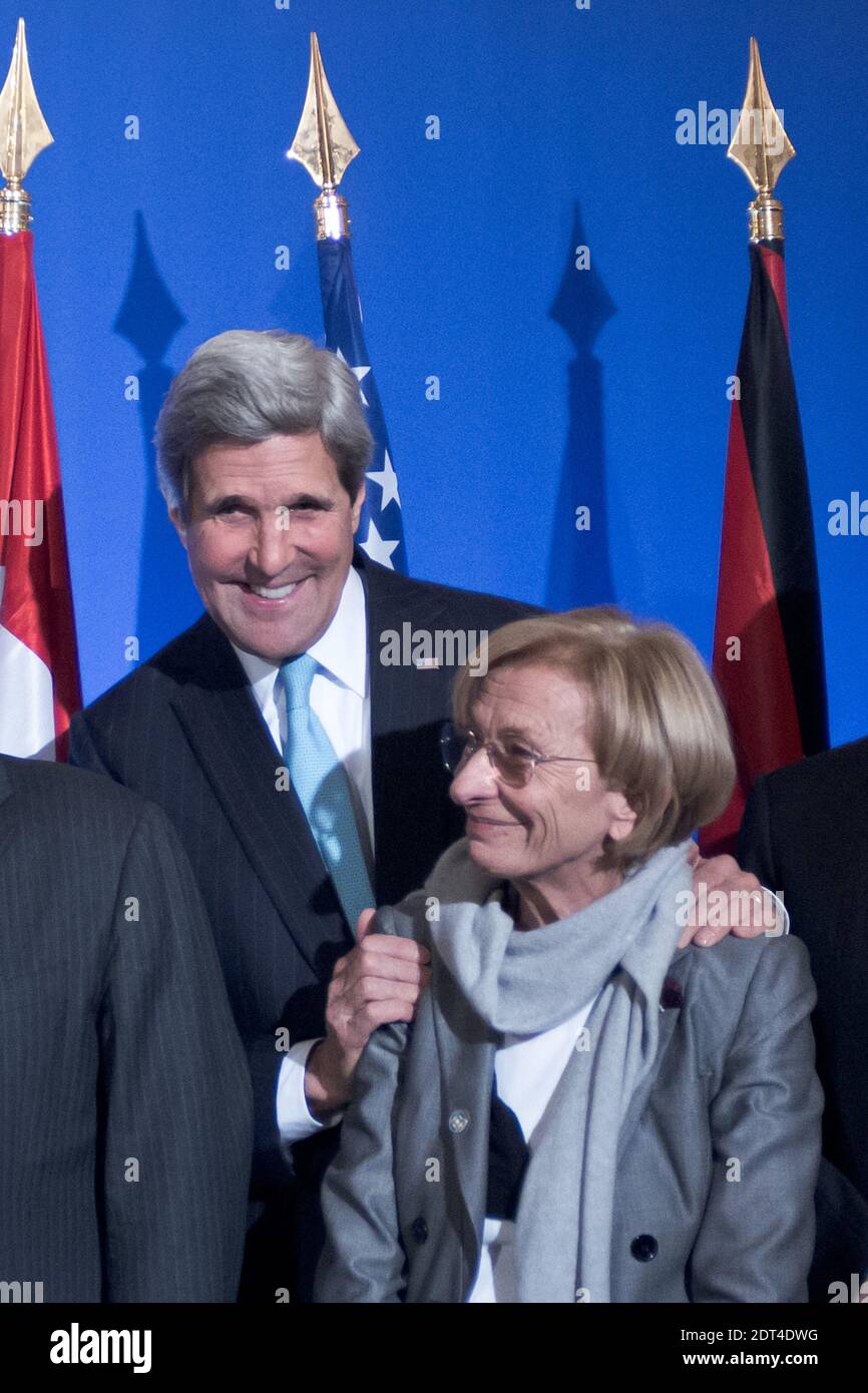 (L to R) John Kerry (USA), Emma Bonino (Italy) pictured during a family photo at a press conference in Paris. The eleven countries of the Group of Friends of Syria met in Paris to convince the opposition to participate in Geneva-2. Laurent Fabius chaired the ministerial meeting, attended by the President of the Syrian Coalition, Ahmed Al-Jarba. Ministry of Foreign Affairs, in Paris, France, on January 12, 2014. Photo by Nicolas Messyasz/ABACAPRESS.COM Stock Photo