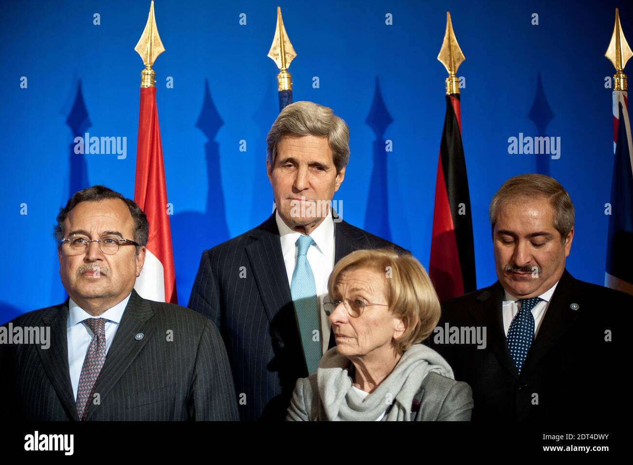 (L to R) Nabil Fahmy (Egypt), John Kerry (USA), Emma Bonino (Italy), Nasser Judeh (Jordan) pictured during a family photo at a press conference in Paris. The eleven countries of the Group of Friends of Syria met in Paris to convince the opposition to participate in Geneva-2. Laurent Fabius chaired the ministerial meeting, attended by the President of the Syrian Coalition, Ahmed Al-Jarba. Ministry of Foreign Affairs, in Paris, France, on January 12, 2014. Photo by Nicolas Messyasz/ABACAPRESS.COM Stock Photo