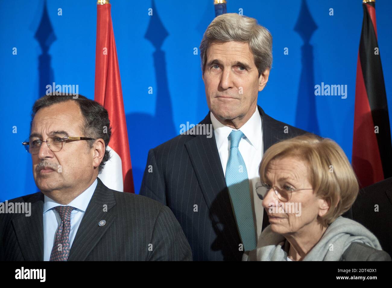 (L to R) Nabil Fahmy (Egypt), John Kerry (USA), Emma Bonino (Italy) pictured during a family photo at a press conference in Paris. The eleven countries of the Group of Friends of Syria met in Paris to convince the opposition to participate in Geneva-2. Laurent Fabius chaired the ministerial meeting, attended by the President of the Syrian Coalition, Ahmed Al-Jarba. Ministry of Foreign Affairs, in Paris, France, on January 12, 2014. Photo by Nicolas Messyasz/ABACAPRESS.COM Stock Photo