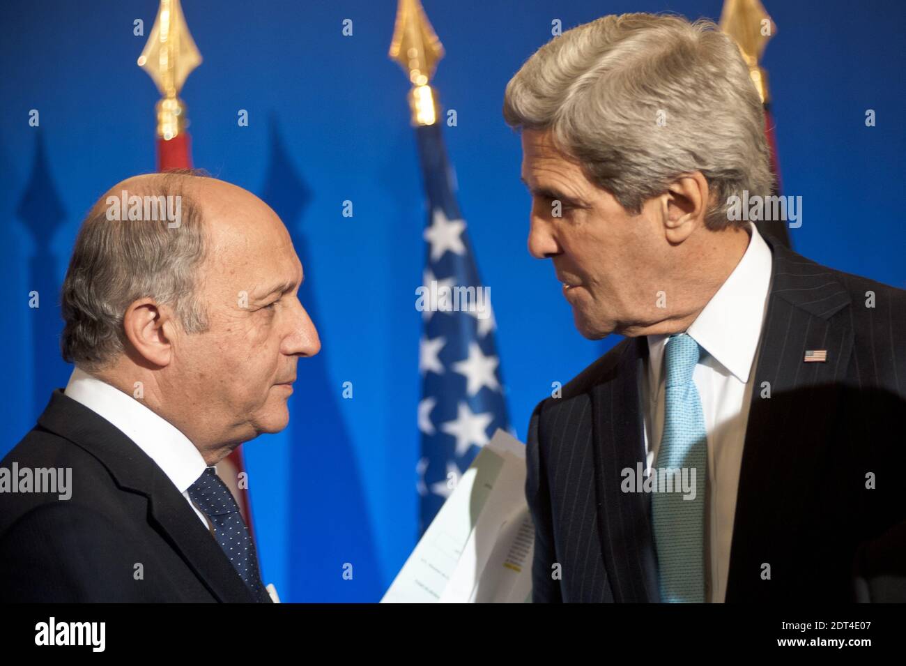 John Kerry and Laurent Fabius pictured during the press conference in Paris. The eleven countries of the Group of Friends of Syria met in Paris to convince the opposition to participate in Geneva-2. Laurent Fabius chaired the ministerial meeting, attended by the President of the Syrian Coalition, Ahmed Al-Jarba. Ministry of Foreign Affairs, in Paris, France, on January 12, 2014. Photo by Nicolas Messyasz/ABACAPRESS.COM Stock Photo