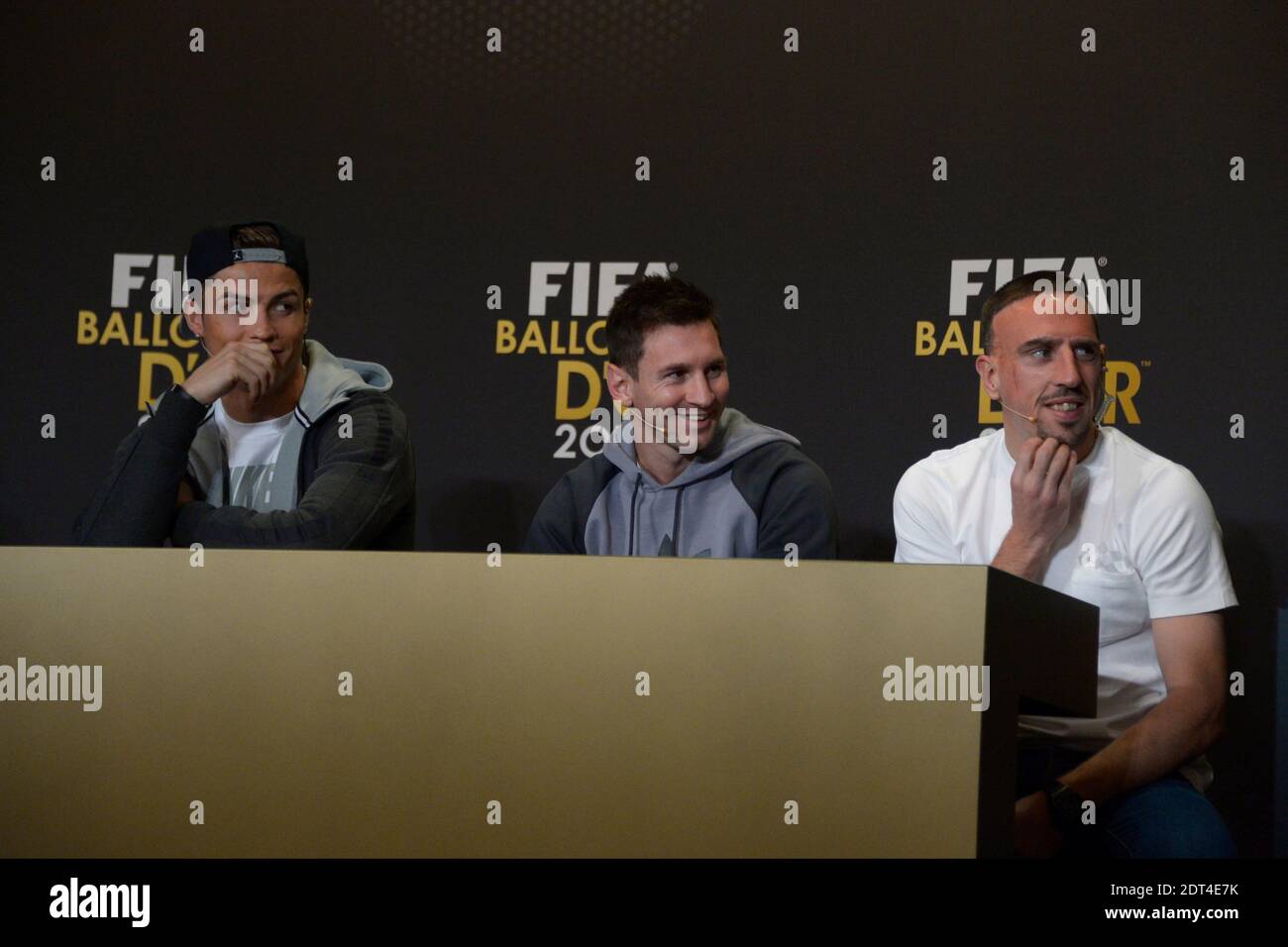 FIFA Golden Ball 2013's Press Conference of Cristiano Ronaldo, Messi and Franck Ribery in Congress House, Zurich, Switzerland on January 13th, 2014. Photo by Henri Szwarc/ABACAPRESS.COM Stock Photo