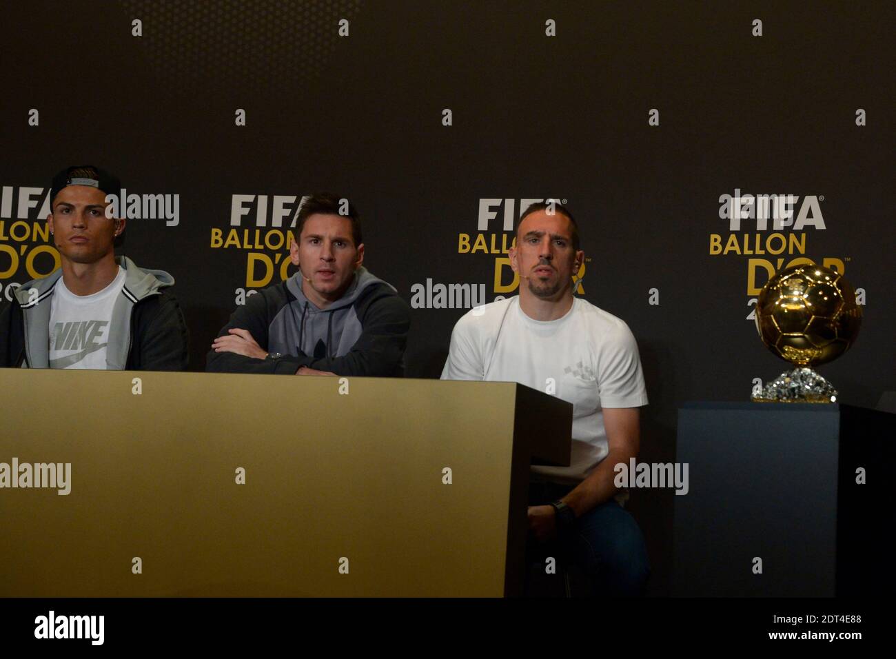 FIFA Golden Ball 2013's Press Conference of Cristiano Ronaldo, Messi and Franck Ribery in Congress House, Zurich, Switzerland on January 13th, 2014. Photo by Henri Szwarc/ABACAPRESS.COM Stock Photo