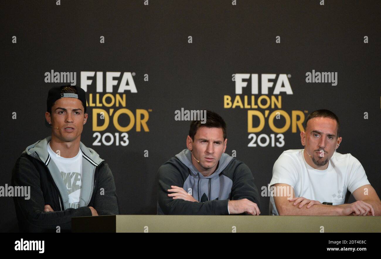 FIFA Golden Ball 2013's Press Conference of Cristiano Ronaldo, Messi and Franck Ribery in Congress House, Zurich, Switzerland on January 13th, 2014. Photo by Christian Liewig/ABACAPRESS.COM Stock Photo