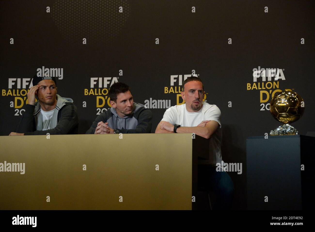 FIFA Golden Ball 2013's Press Conference of Cristiano Ronaldo, Messi and Franck Ribery in Congress House, Zurich, Switzerland on January 13th, 2014. Photo by Henri Szwarc/ABACAPRESS.COM Stock Photo