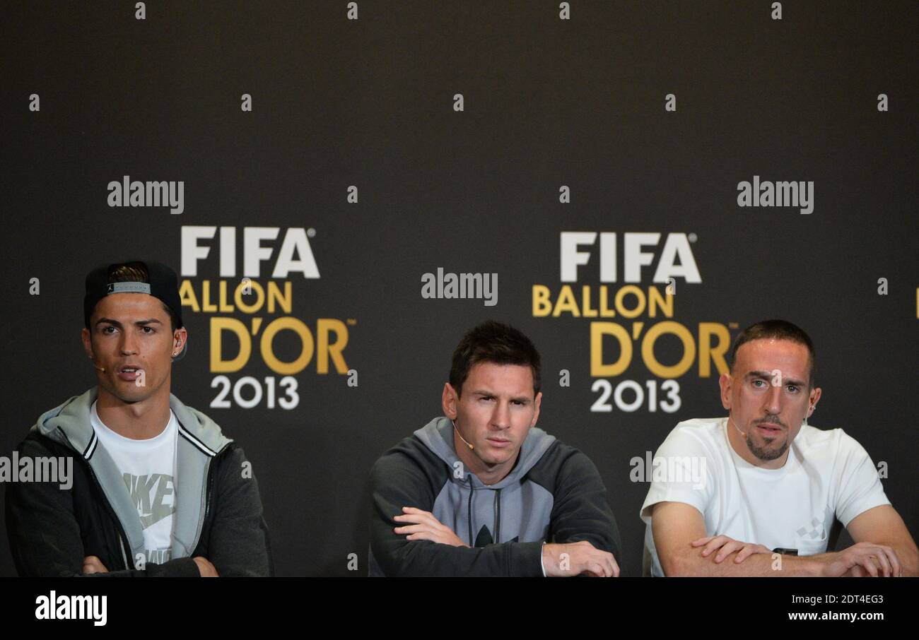 FIFA Golden Ball 2013's Press Conference of Cristiano Ronaldo, Messi and Franck Ribery in Congress House, Zurich, Switzerland on January 13th, 2014. Photo by Christian Liewig/ABACAPRESS.COM Stock Photo