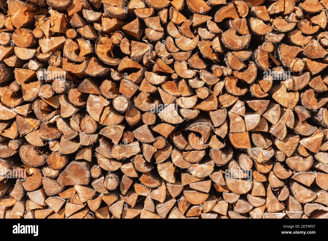 Pile stacked natural wood logs. Background of a wall made of firewood. Traditional way to prepare for heating during the winter. Stock Photo