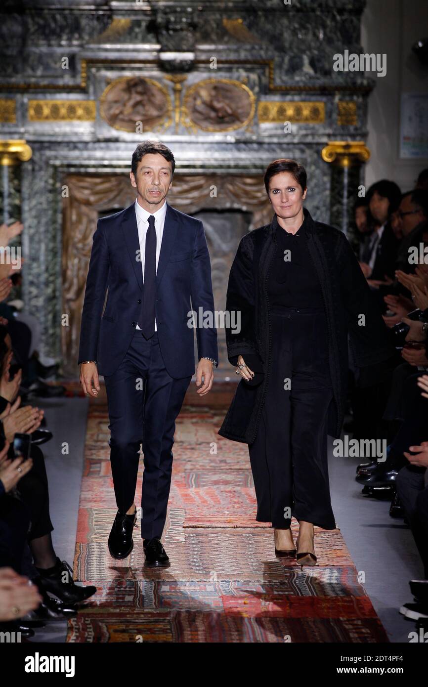Designers Maria Grazia Chiuri and Pier Paolo Piccioli make an appearance  after the Valentino Fall-Winter 2014/2015 Men's collection presentation  held at Hotel Salomon de Rothschild in Paris, France on January 15, 2014.