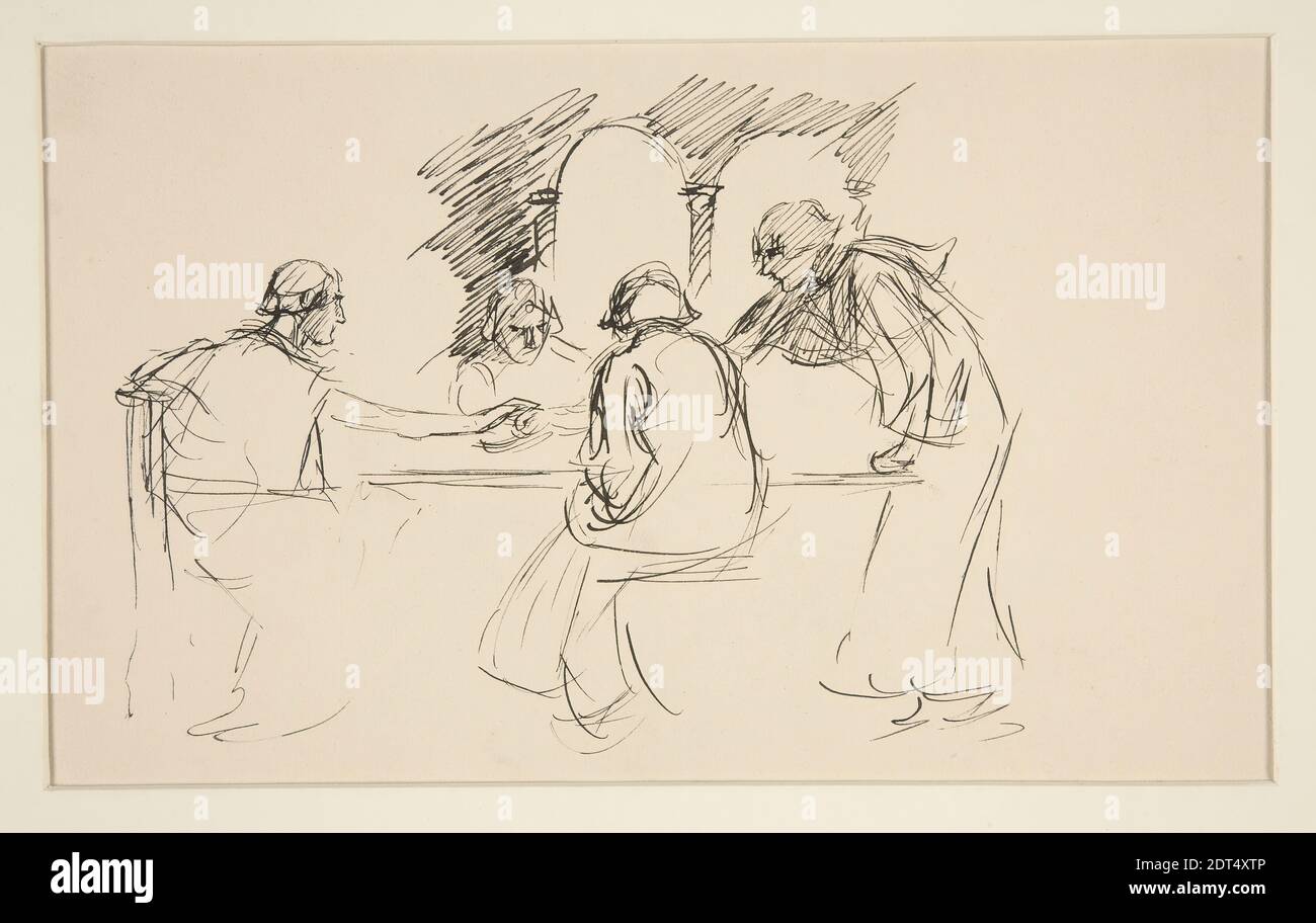 Artist: Edwin Austin Abbey, American, 1852–1911, M.A., 1897, Sketch of four men in medieval dress at a table - unidentified illustration, possibly for Love’s Labours Lost, The King’s Quandary., Pen and ink, Tan wove, 13.8 × 22.6 cm (5 7/16 × 8 7/8 in.), Made in United States, American, 19th century, Works on Paper - Drawings and Watercolors Stock Photo