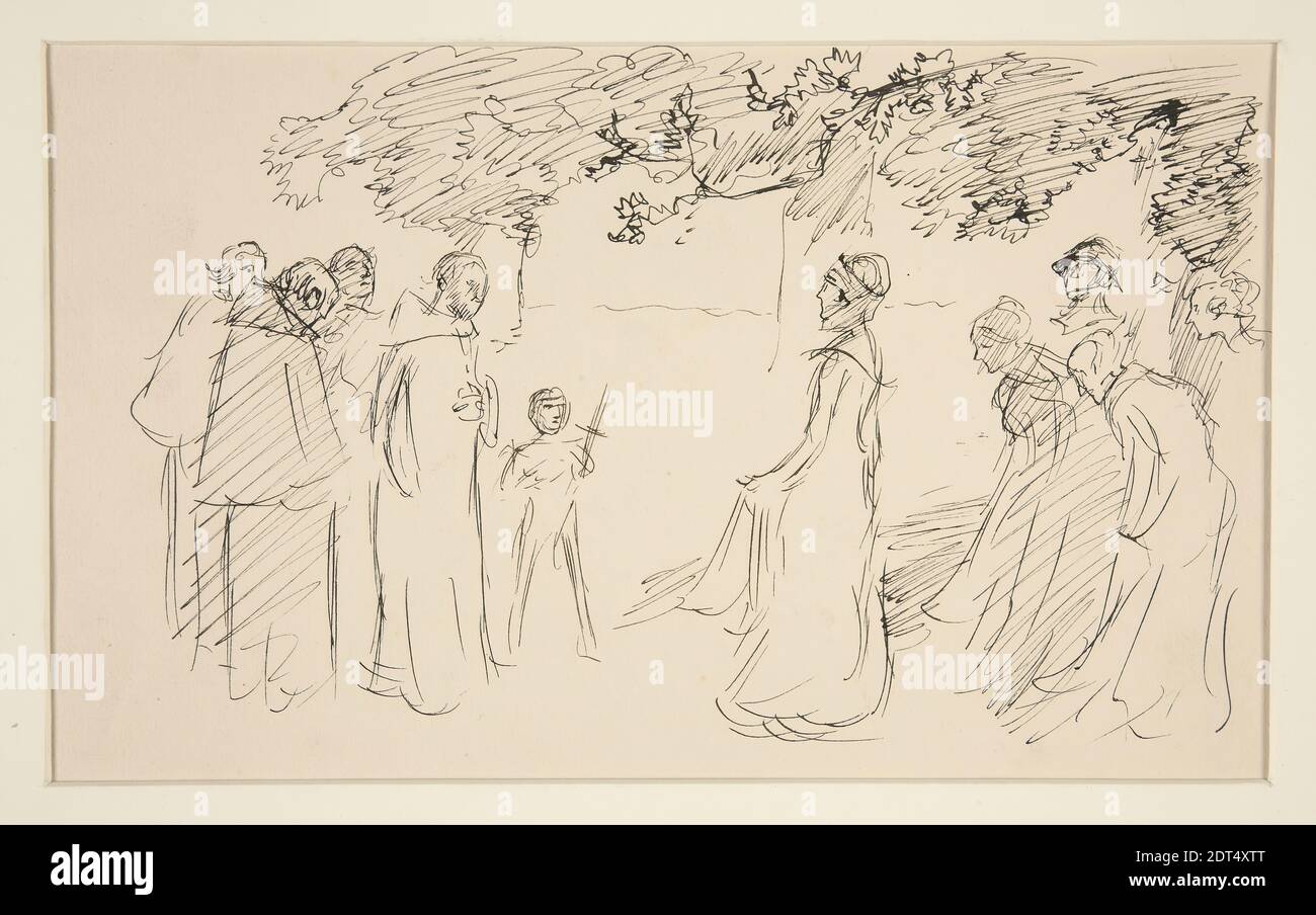 Artist: Edwin Austin Abbey, American, 1852–1911, M.A., 1897, People in medieval dress, outside - unidentified illustration, Pen and ink, Tan wove, 13.9 × 22.6 cm (5 1/2 × 8 7/8 in.), Made in United States, American, 19th century, Works on Paper - Drawings and Watercolors Stock Photo