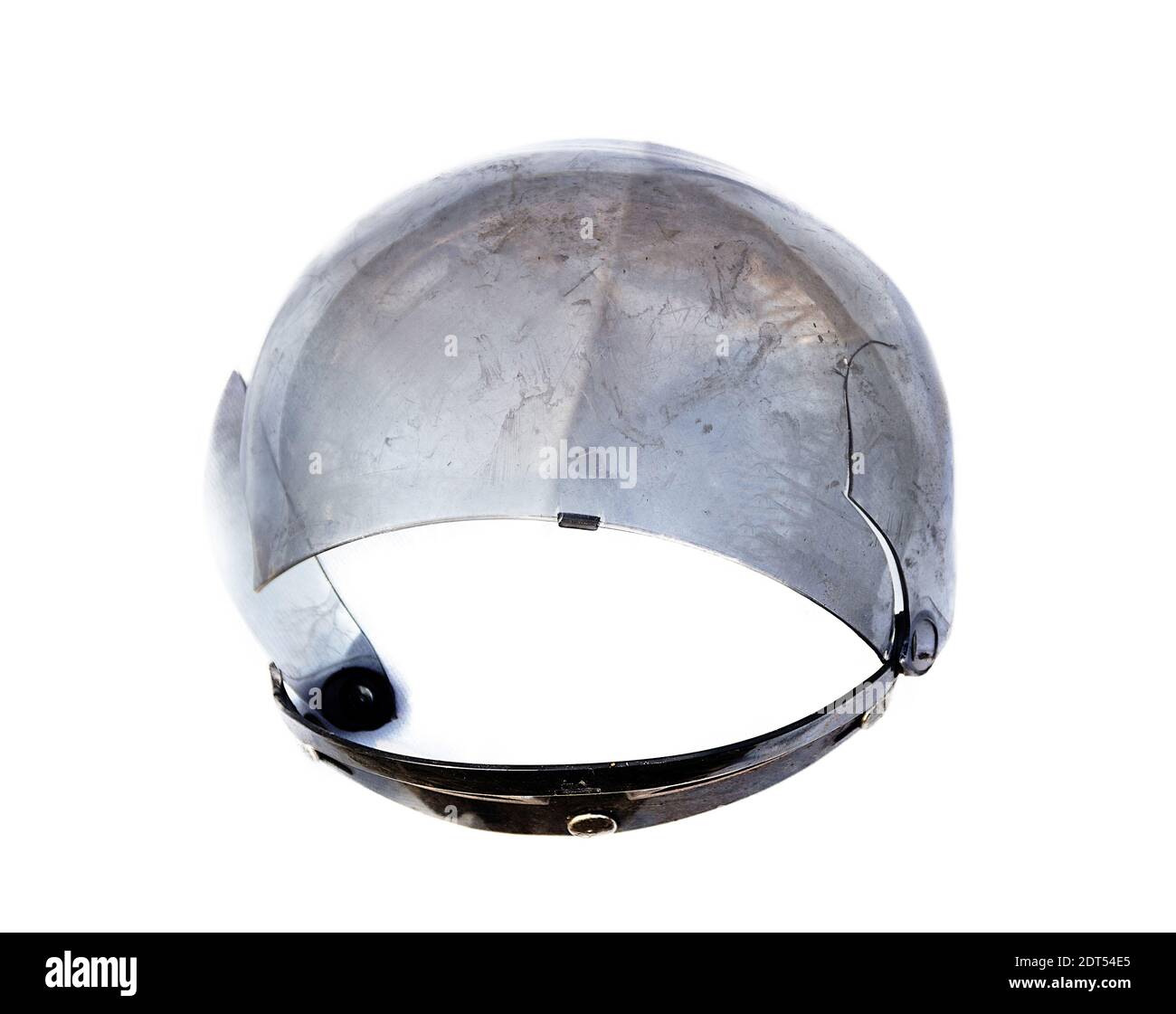Broken helmet after accident on a white background. Safety and road