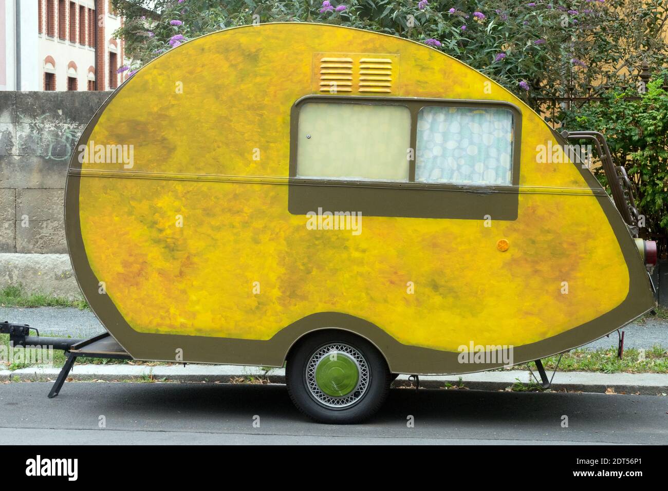 German camping trailer caravan TAB teardrop camper Dresden street Germany teardrop trailer Stock Photo