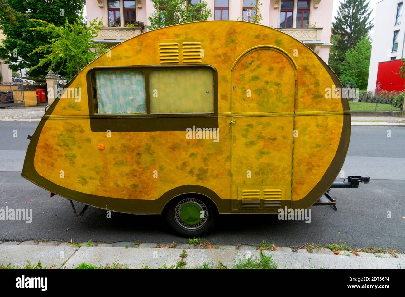 German camping caravan trailer TAB teardrop camper Dresden street Germany Stock Photo