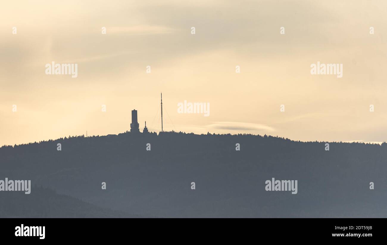 view on taunus feldberg with tower at sunset, frankfurt, germany Stock Photo