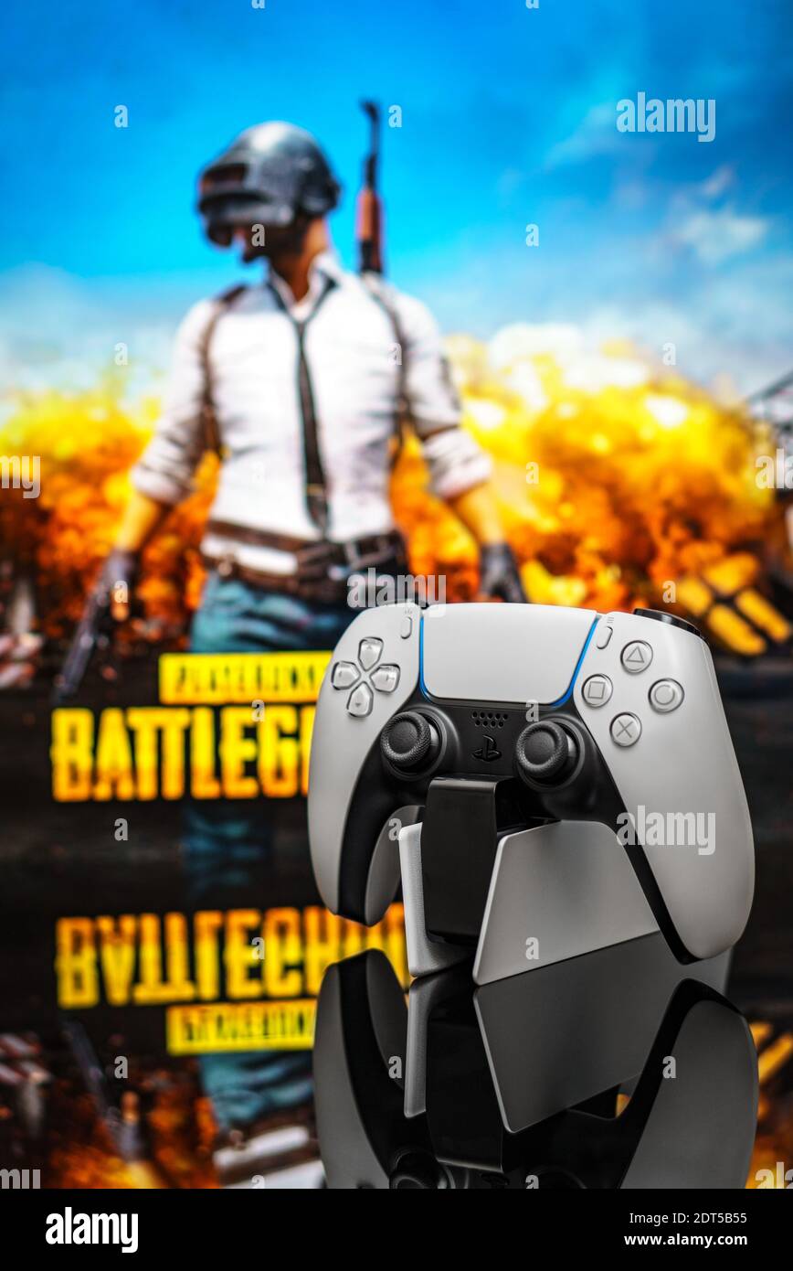 December 20, 2020, Odessa, Ukraine. White new Playstation 5 gamepad on the  background of the game PUBG. Cybersport poster concept Stock Photo - Alamy