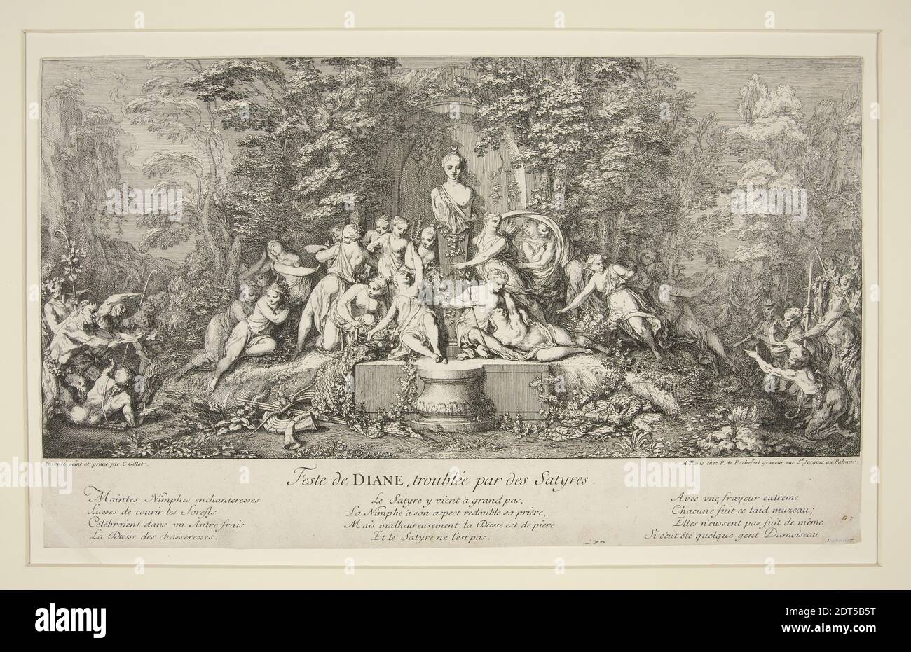 Artist: Claude Gillot, French, 1673–1722, Feste de DIANE, troublée par des Satyres, ca. 1707, Etching and engraving (No. 1 of Les Bacchanales), image: 6 3/4 × 13 15/16 in. (17.1 × 35.4 cm), French, 18th century, Works on Paper - Prints Stock Photo