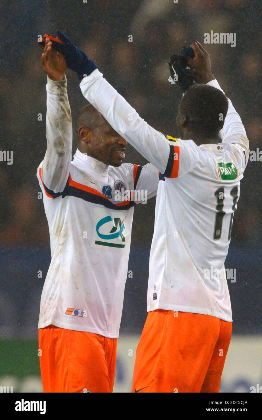 Montpellier's Victor Hugo Montano and Souleymane Camara joy after the end of the French Cup 1/16e round soccer match, PSG vs Montpellier in Paris, France, on January 22nd, 2014. Montpellier won 2-1. Photo by Henri Szwarc/ABACAPRESS.COM Stock Photo