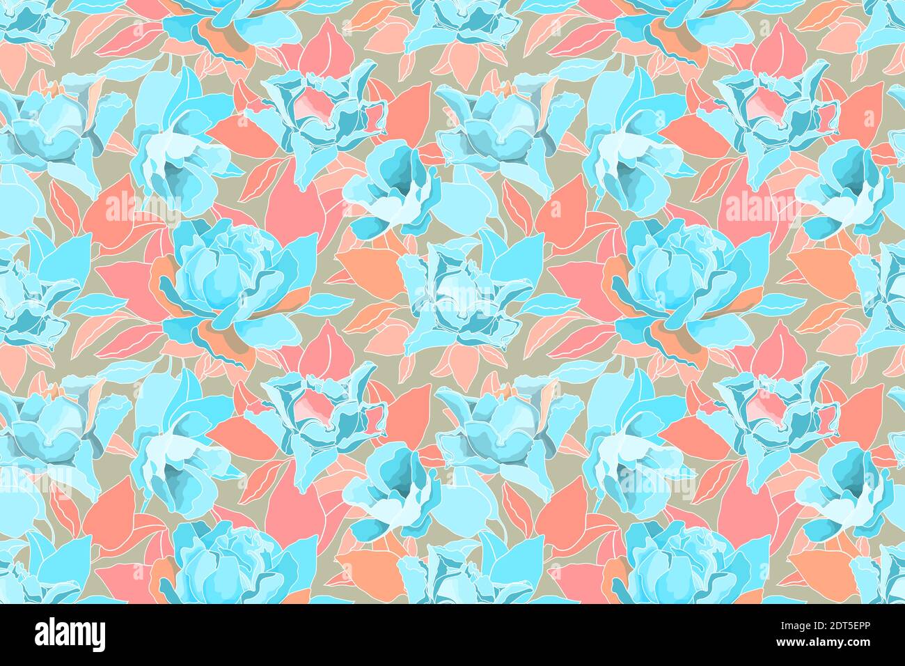 Vector floral seamless pattern. Blue roses, pink, orange and blue leaves Stock Vector