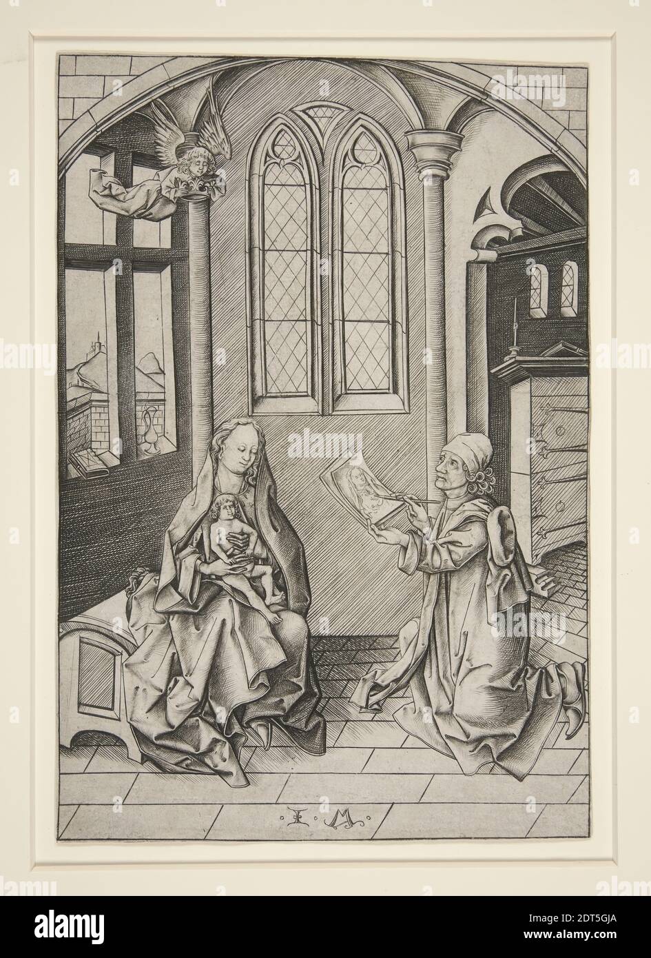 Artist: Israel van Meckenem, German, 1450–1503, Saint Luke Painting the Virgin, 15th century, Engraving, sheet: 20.5 × 14 cm (8 1/16 × 5 1/2 in.), Made in Germany, German, 15th century, Works on Paper - Prints Stock Photo