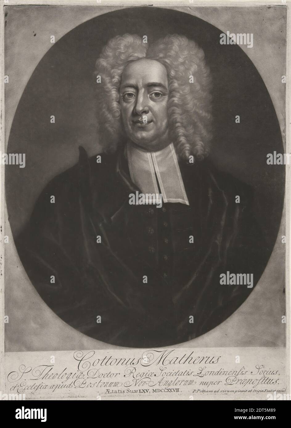 Artist: Peter Pelham, American, born England, 1697–1751, Cotton Mather (1663- 1728), Mezzotint, sheet: 35.24 × 25.56 cm (13 7/8 × 10 1/16 in.), Newly arrived in the colonies in 1727, Peter Pelham asked the venerable Congregational minister Cotton Mather to sit for the engraver’s first mezzotint portrait to be made on American soil—evidence of Pelham’s business acumen and his eagerness to establish a reputation in this country. Mather—a prolific writer, scholar, and minister of the Second Church in Boston—was perhaps the most celebrated of all New England Puritans. Though Mather posed for Stock Photo