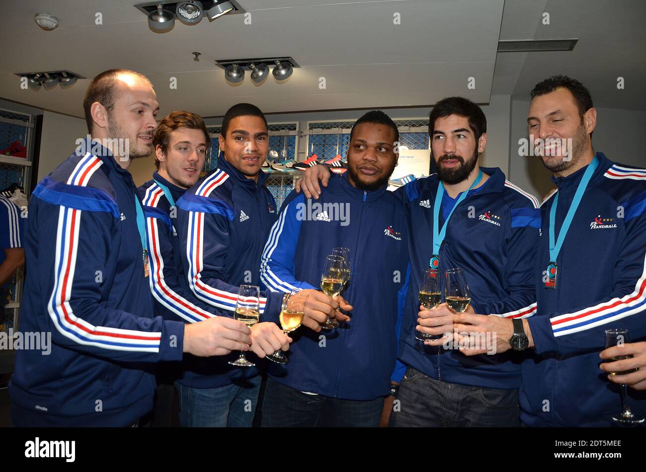 France Team Handball players arrive for a autographs session and press  conference at Adidas Store on the Champs Elysees avenue in Paris, France on  January 27, 2014, after winning the Men European