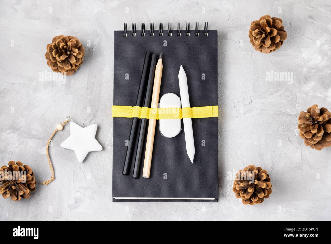 Sketchbook or notebook, pencil, eraser, pine cones Stock Photo