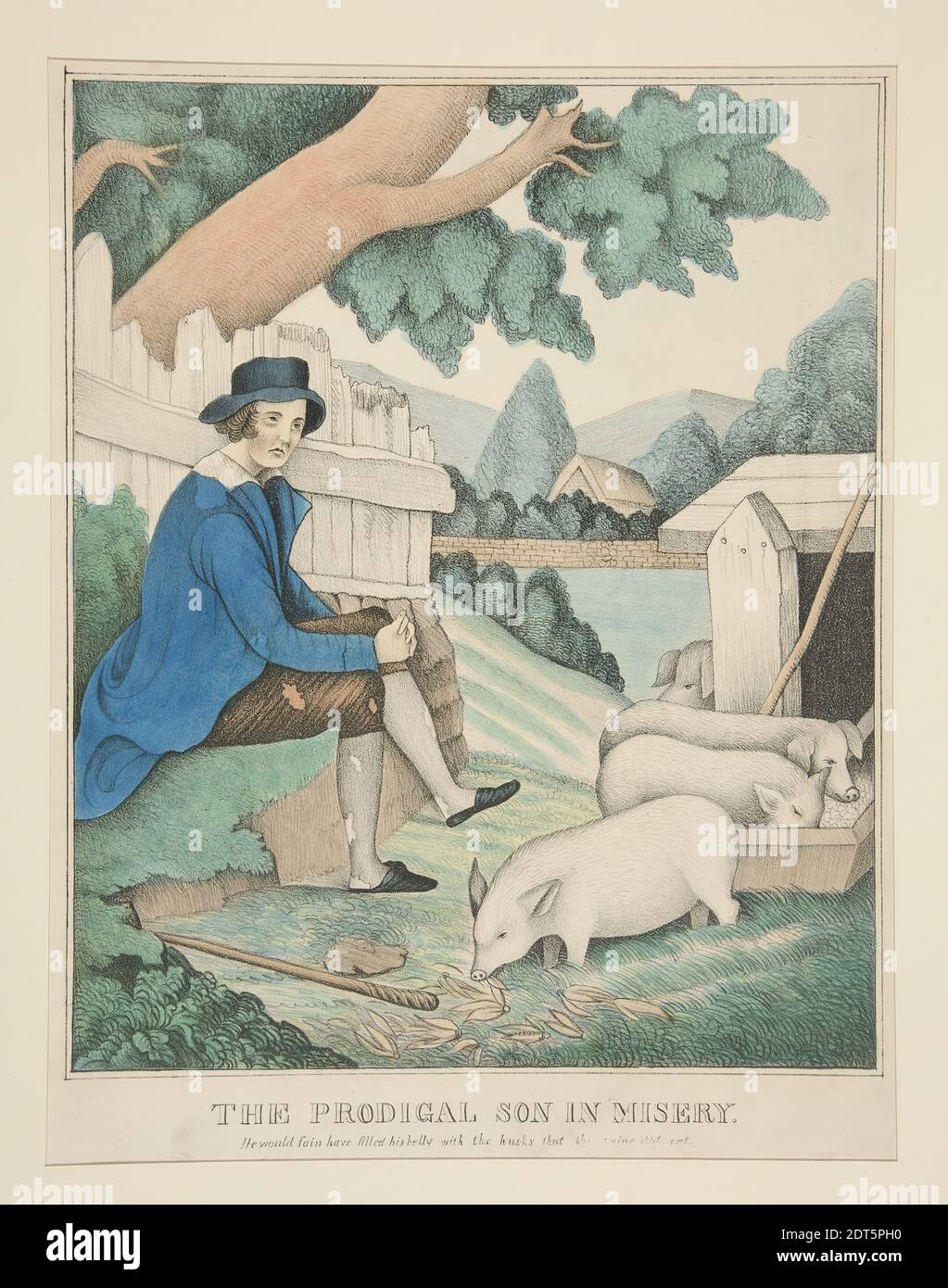 Lithographer: Unknown, The Prodigal Son in Misery, Lithograph, hand colored, sheet: 35.5 × 25 cm (14 × 9 13/16 in.), Made in United States, American, 19th century, Works on Paper - Prints Stock Photo