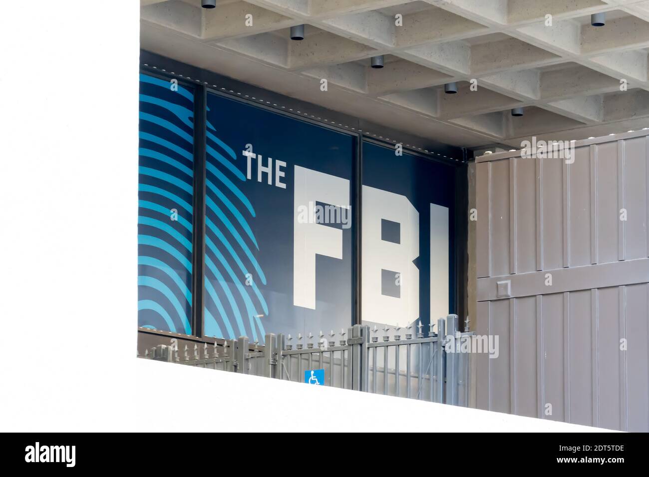 Sign of Federal Bureau of Investigation (FBI) at entrance to their headquarters building in Washington, DC, USA. Stock Photo