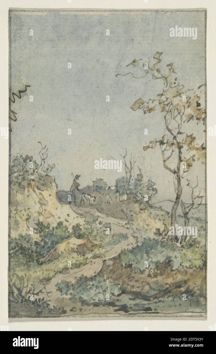 Artist: Nicholas A. Foin, French, 1726–1759, Landscape with Hunter and Dog, Watercolor in green and brown and blue, brush, and pen and brown ink, 12.4 × 7.9 cm (4 7/8 × 3 1/8 in.), French, 18th century, Works on Paper - Drawings and Watercolors Stock Photo