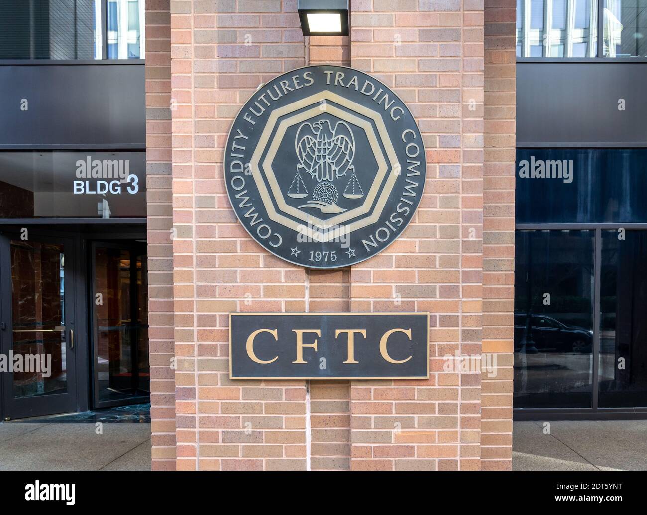 Seal of the U.S. Commodity Futures Trading Commission (CFTC) on their headquarters building in Washington Stock Photo