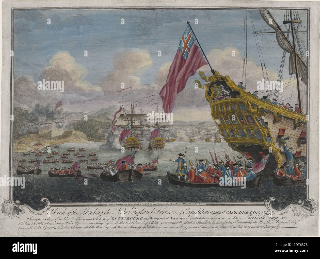Artist: John Brooks, Irish, active 1730–56, After: J. Stevens, American, A View of the Landing of the New England Forces in ye Expedition against Cape Breton, 1745, Colored line engraving, sheet: 38.4 × 52.1 cm (15 1/8 × 20 1/2 in.), Irish, 18th century, Works on Paper - Prints Stock Photo