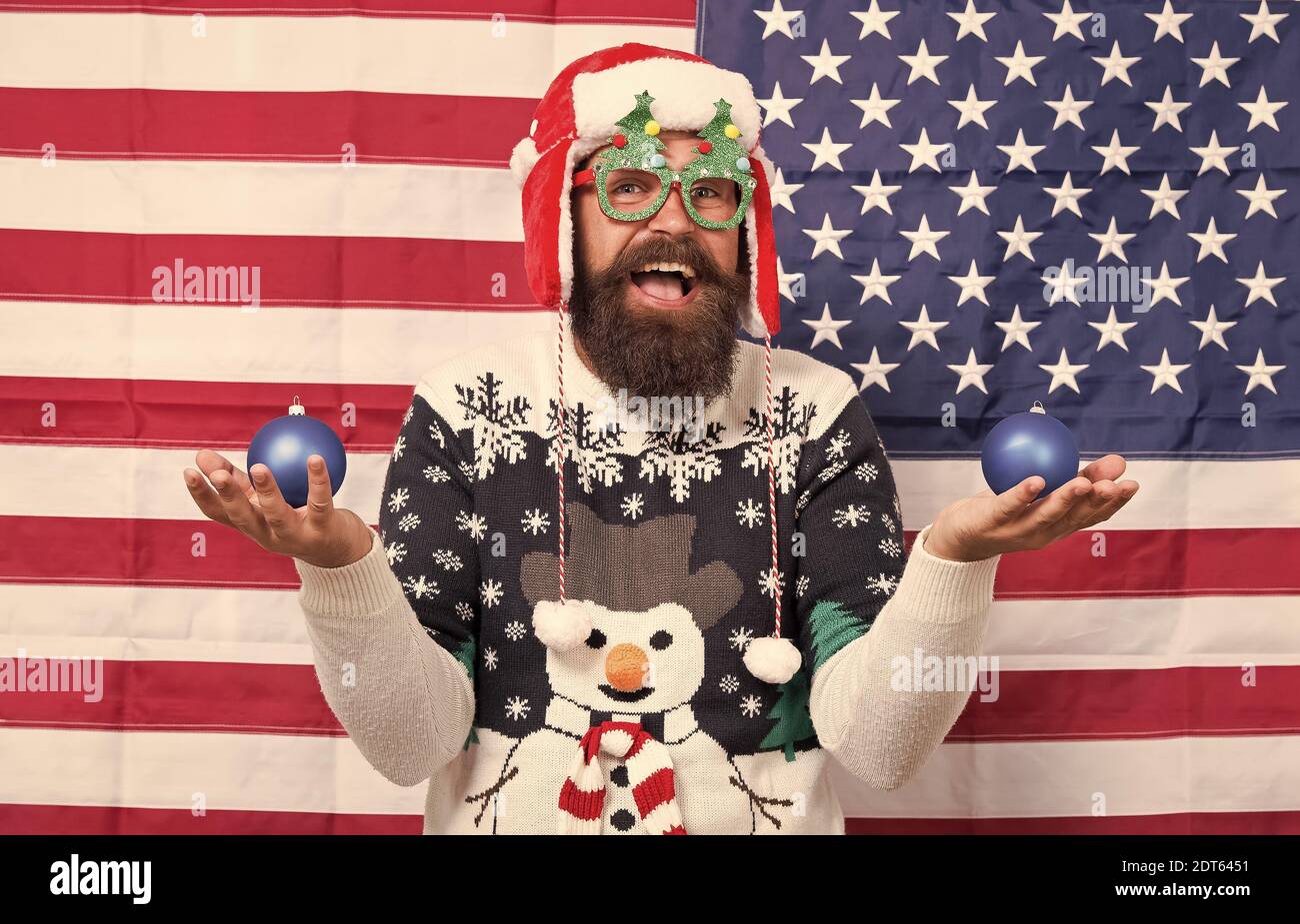 Christmas cheer for red white and blue. Santa and american flag
