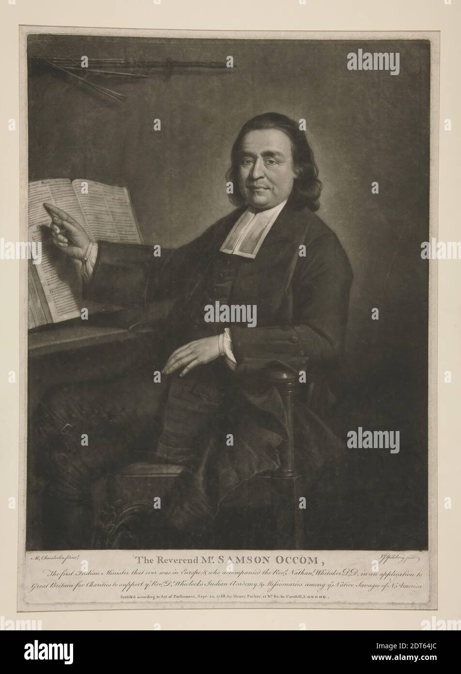 Engraver: Unknown, After: Mason Chamberlin, British, 1727–1787, The Reverend Mr. Samson Occom, The first Indian Minister that ever was., Mezzotint, sheet: 37.6 × 27.2 cm (14 13/16 × 10 11/16 in.), Made in United States, American, 18th century, Works on Paper - Prints Stock Photo