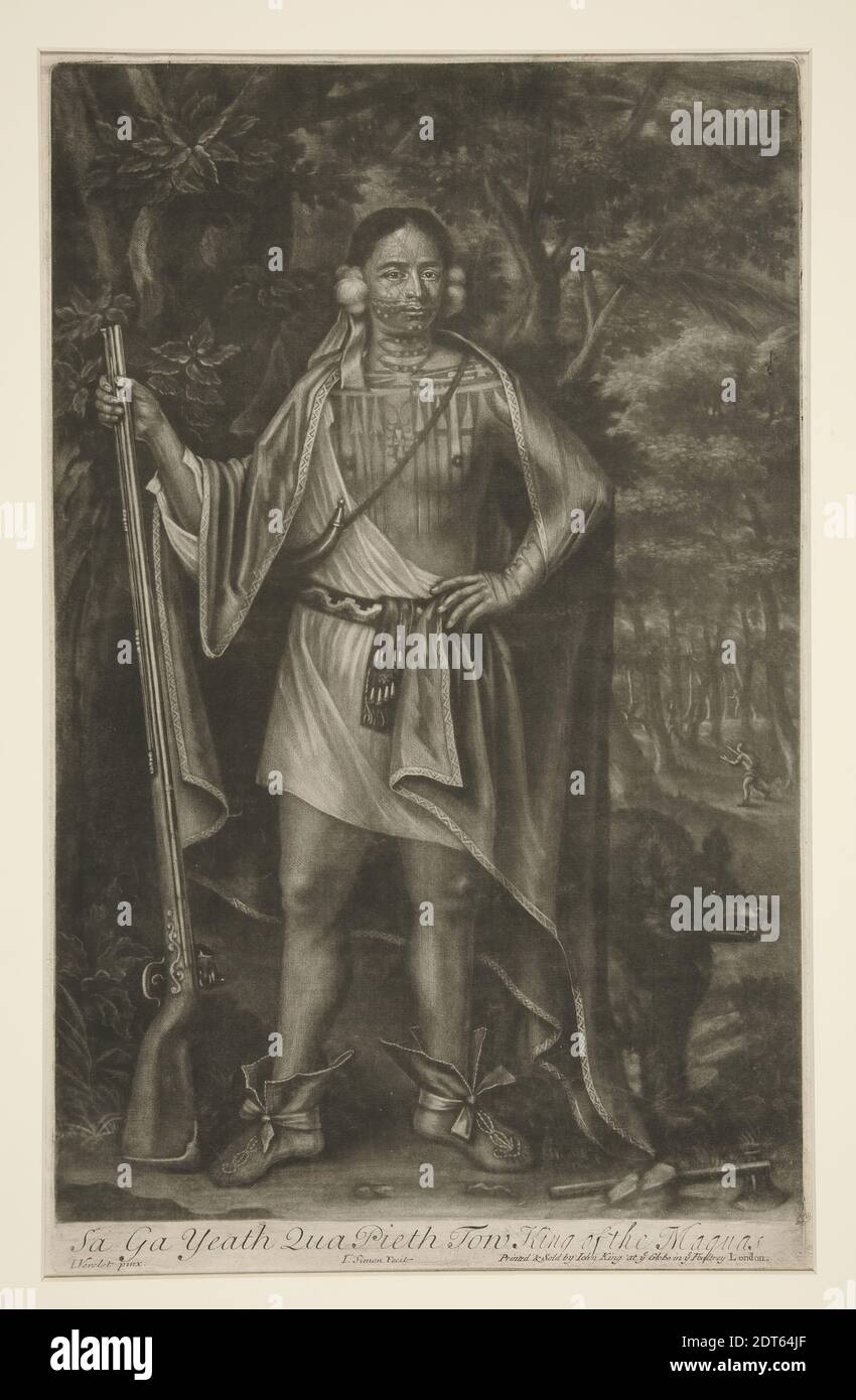 Artist: John Simon, French, worked in Britian, 1675–1755, After: John Verelst, Dutch, 1648–1734, Sa Ga Yeath Qua Pieth Tow, King of the Maquas, Mezzotint, sheet: 43.5 × 28 cm (17 1/8 × 11 in.), Made in United States, American, 17th or 18th century, Works on Paper - Prints Stock Photo